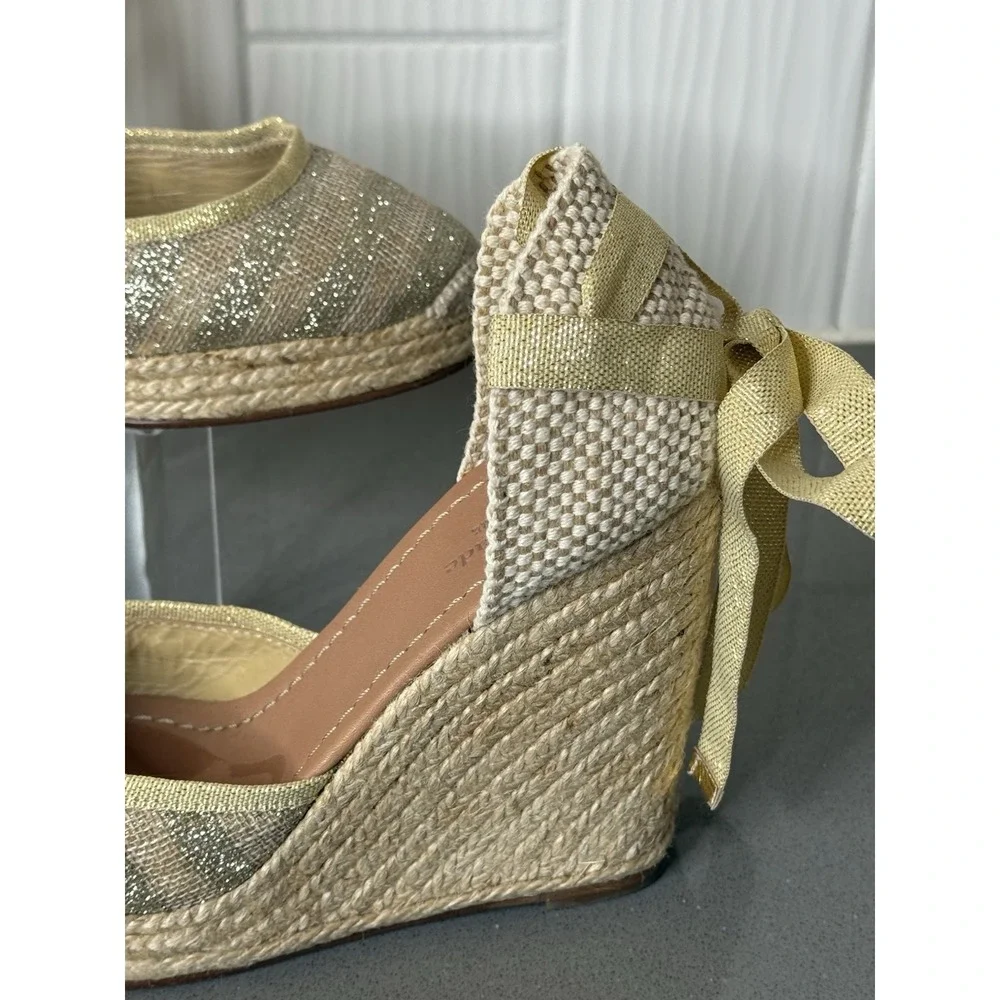 Kate Spade Gold Tan Espadrille Wedge Ankle Tie Sandals Shoes Women's Size 8M EUC